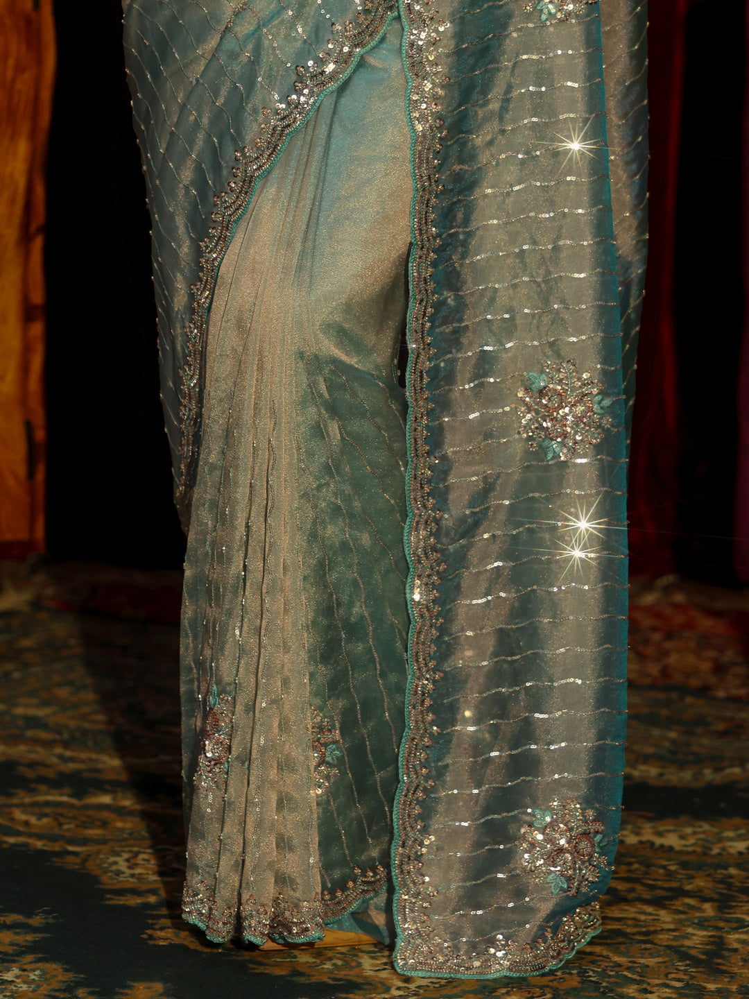 Libas Art Blue Embellished Tissue Saree