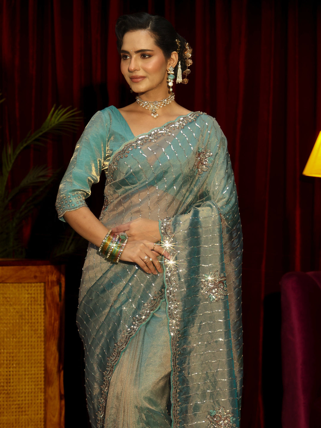 Libas Art Blue Embellished Tissue Saree