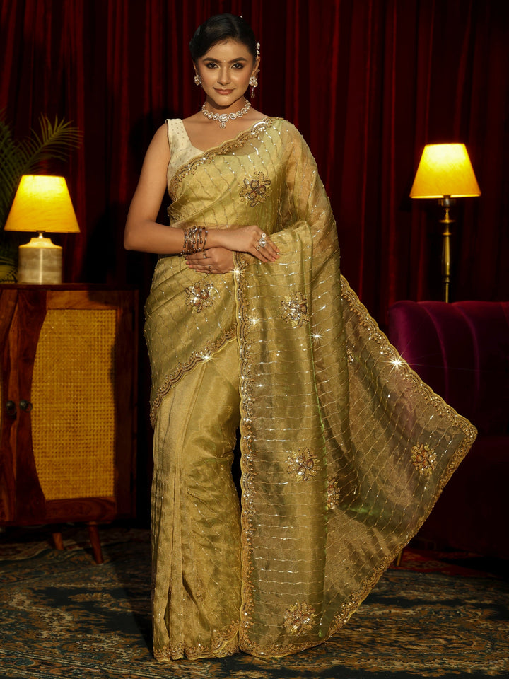 Libas Art Green Embellished Tissue Saree