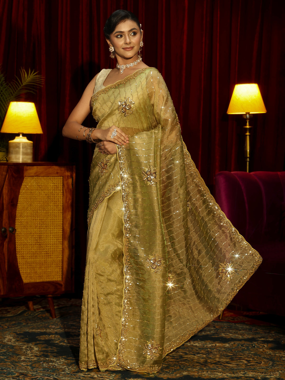 Libas Art Green Embellished Tissue Saree