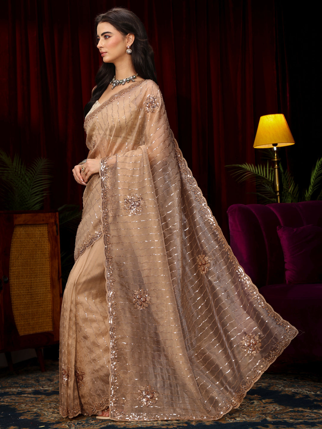 Libas Art Taupe Sequin Embellished Tissue Saree