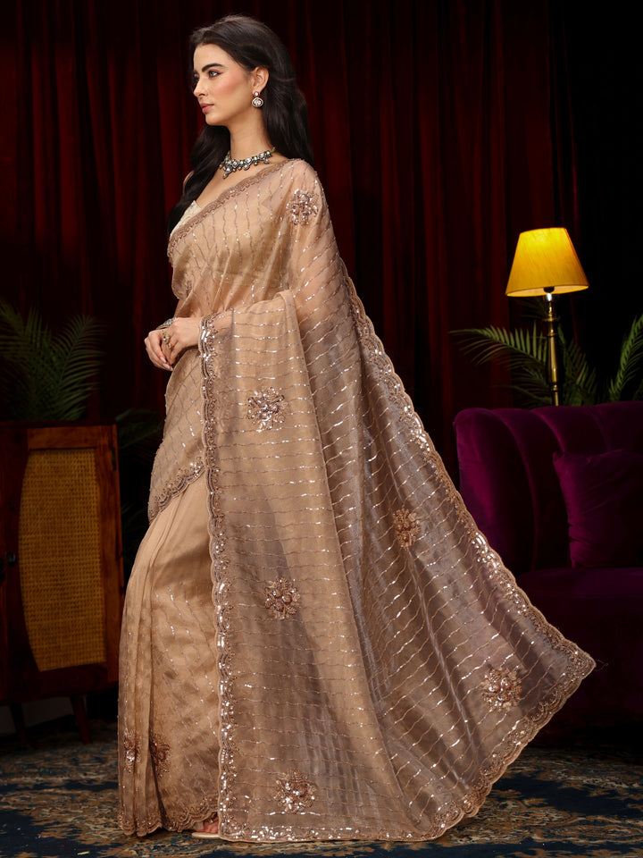 Libas Art Taupe Sequin Embellished Tissue Saree