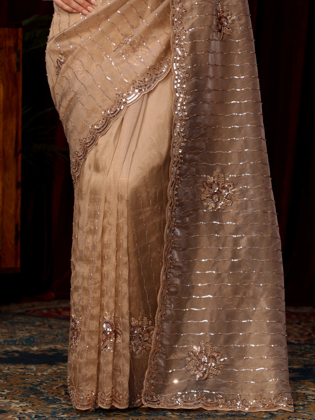 Libas Art Taupe Sequin Embellished Tissue Saree