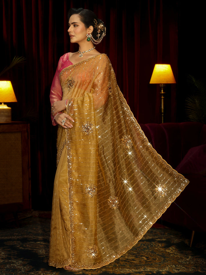 Libas Art Mustard Embellished Tissue Saree