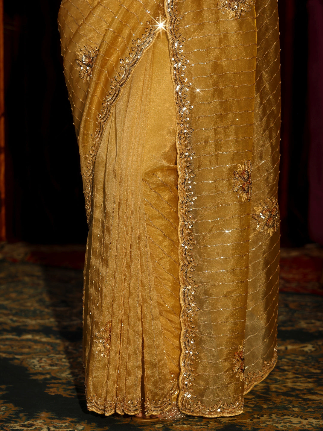 Libas Art Mustard Embellished Tissue Saree