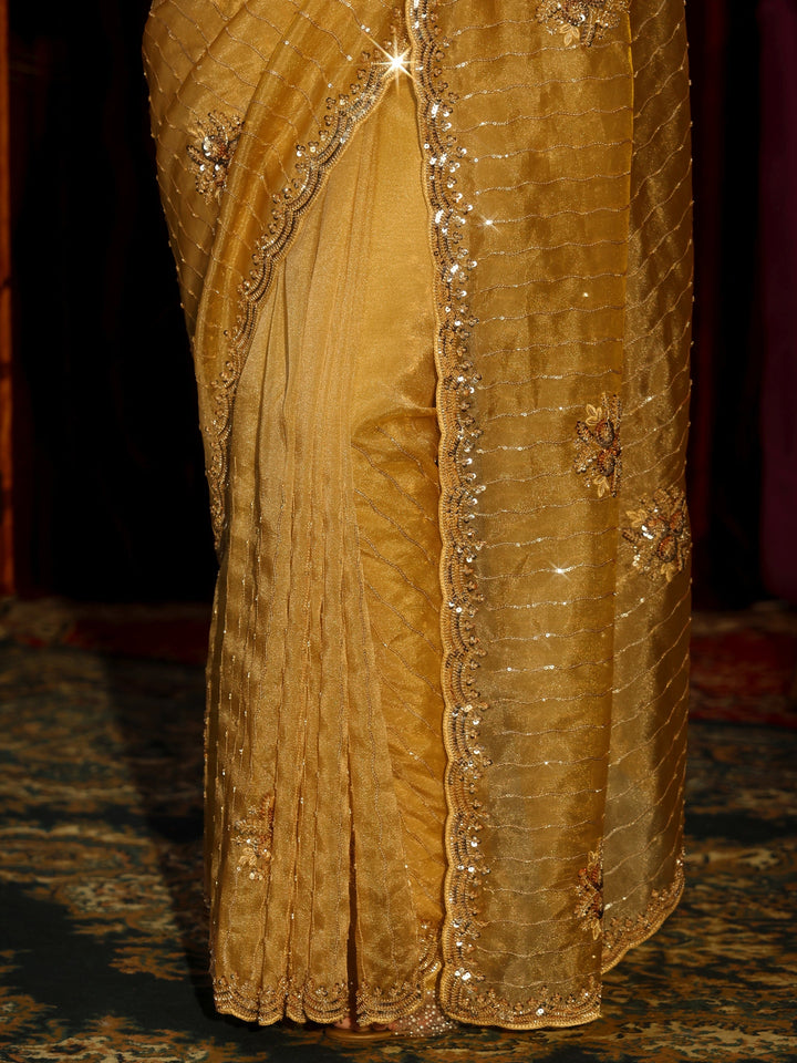Libas Art Mustard Embellished Tissue Saree