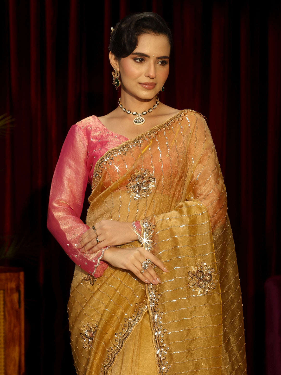 Libas Art Mustard Embellished Tissue Saree