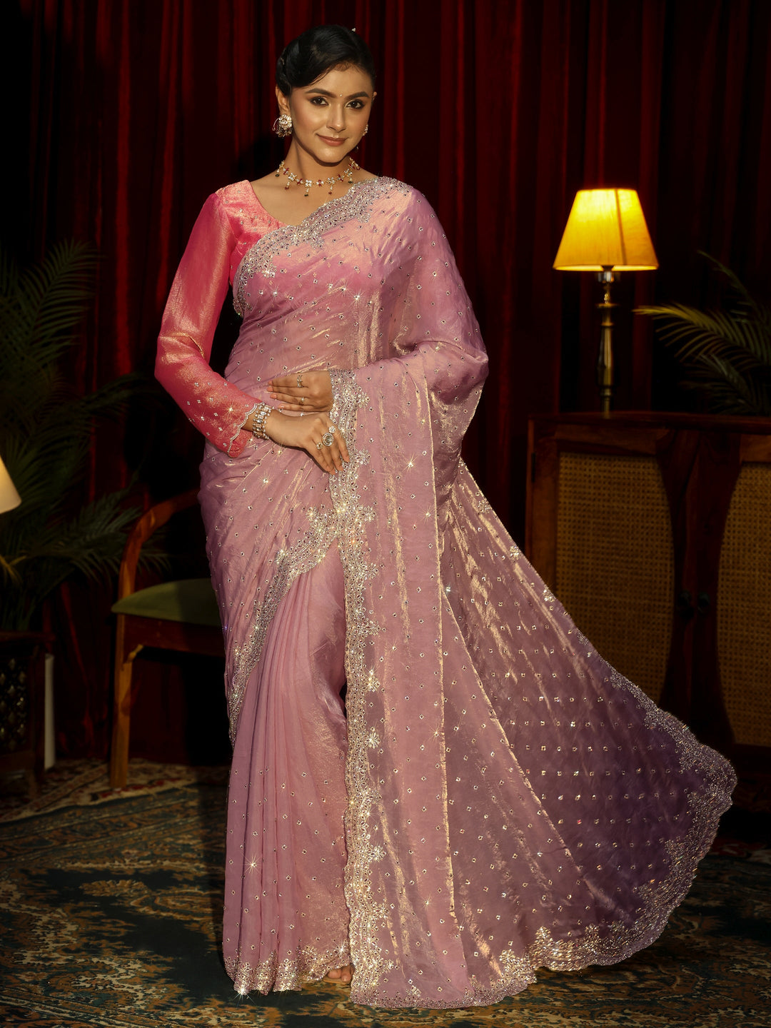 Libas Art Lavender Stone Work Embellished Tissue Saree