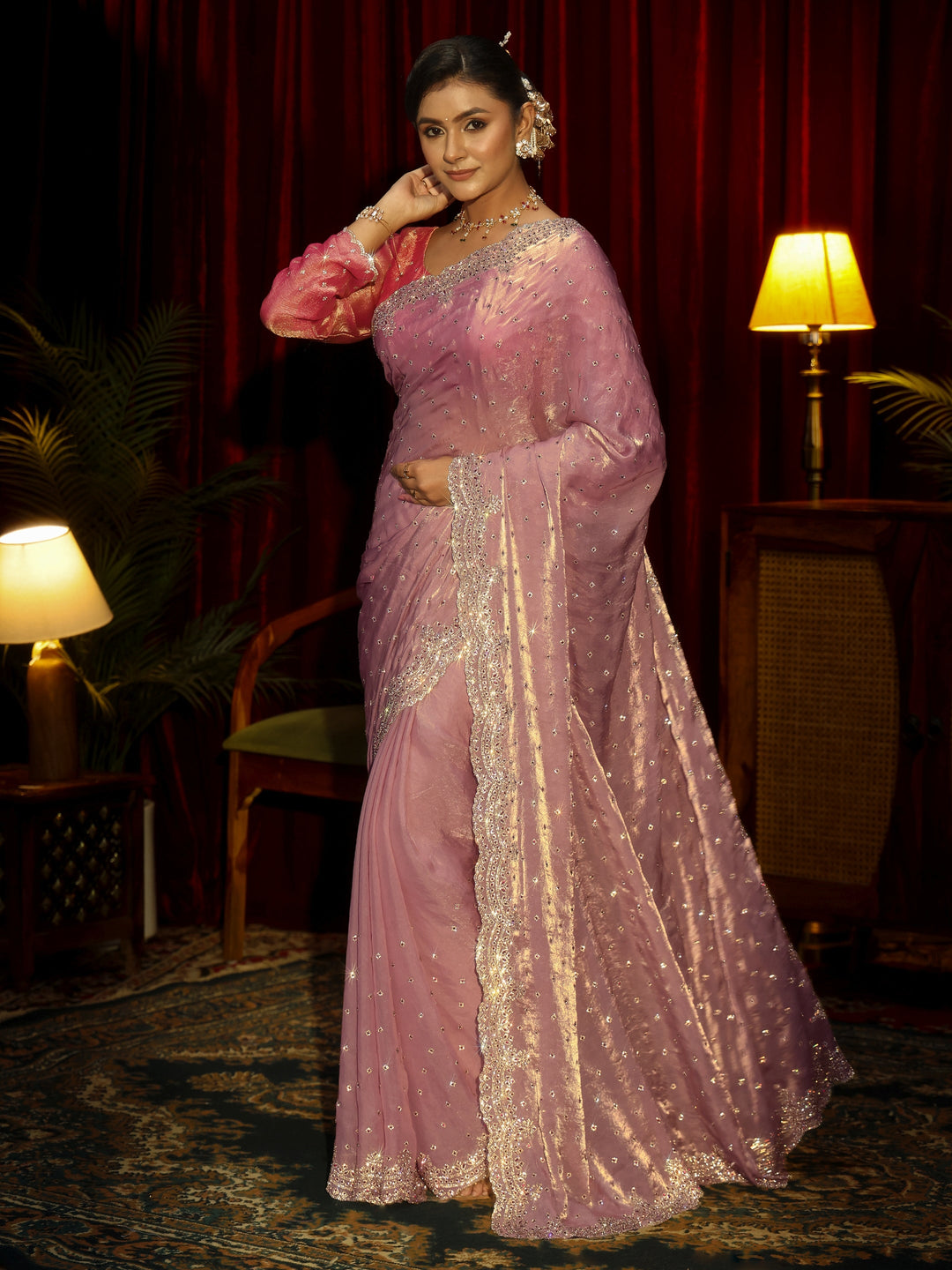 Libas Art Lavender Stone Work Embellished Tissue Saree