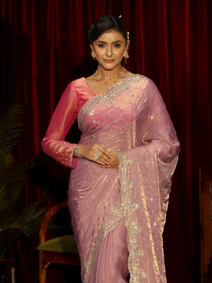Libas Art Lavender Stone Work Embellished Tissue Saree