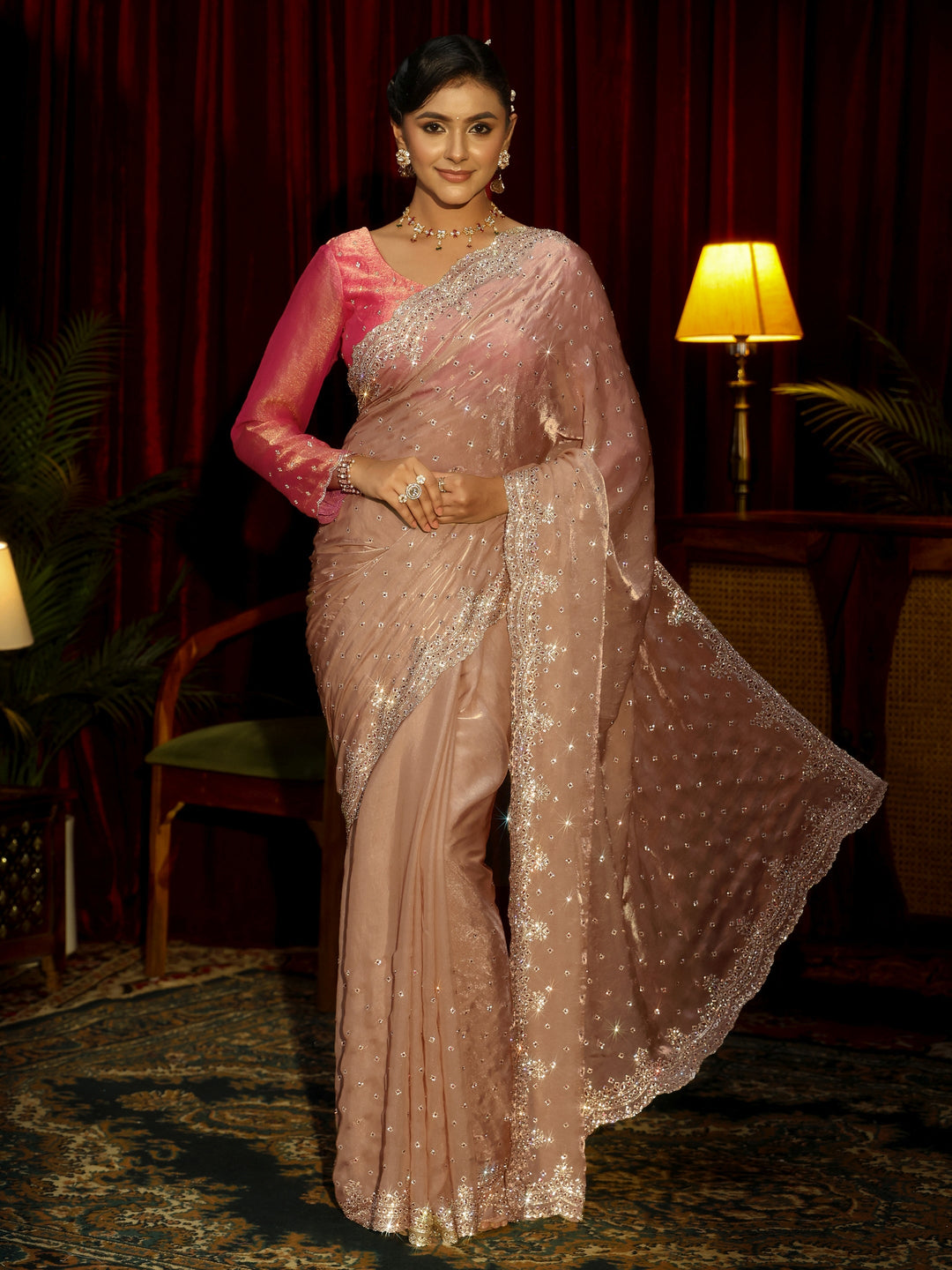 Libas Art Beige Stone Work Embellished Tissue Saree