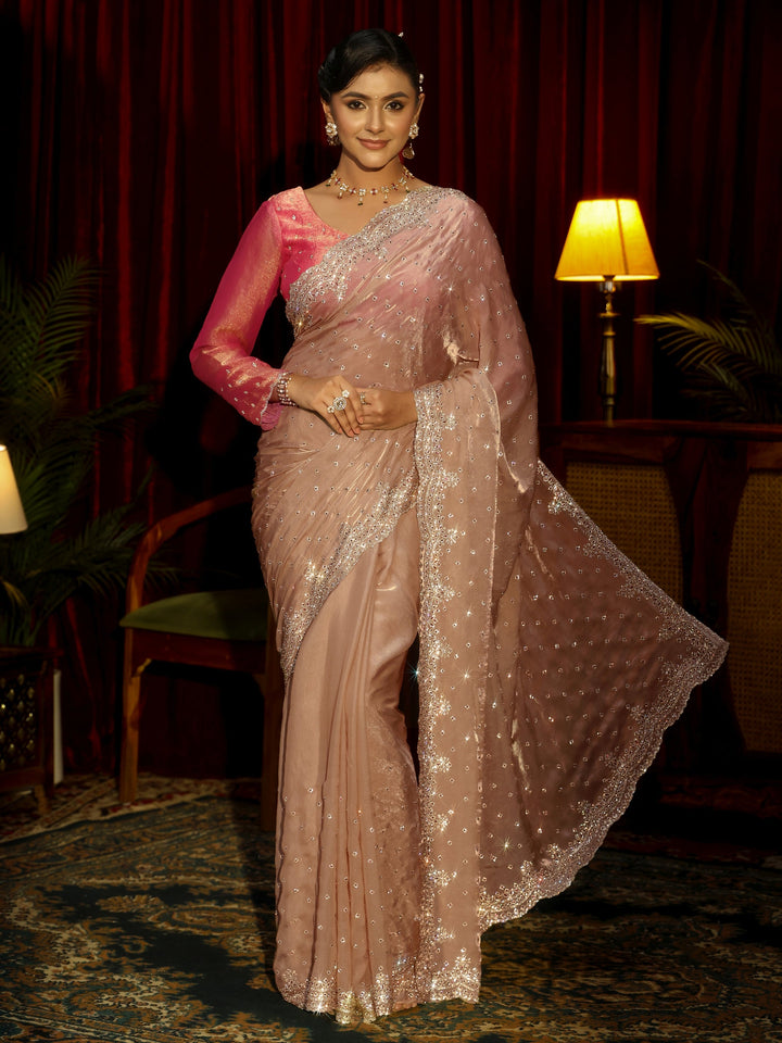Libas Art Beige Stone Work Embellished Tissue Saree