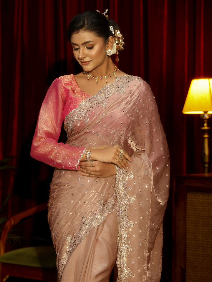 Libas Art Beige Stone Work Embellished Tissue Saree