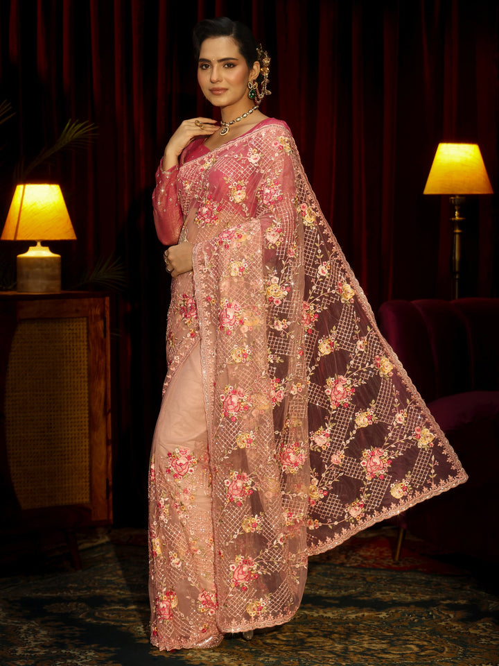 Libas Art Pink Floral Embroidered Net Saree