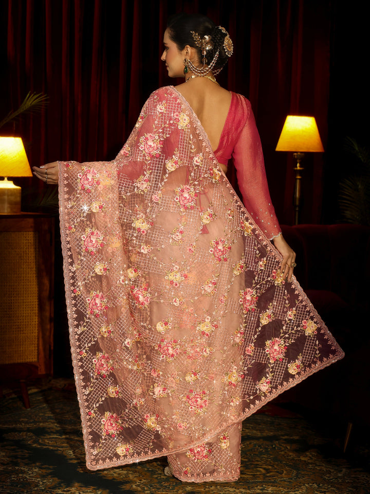 Libas Art Pink Floral Embroidered Net Saree