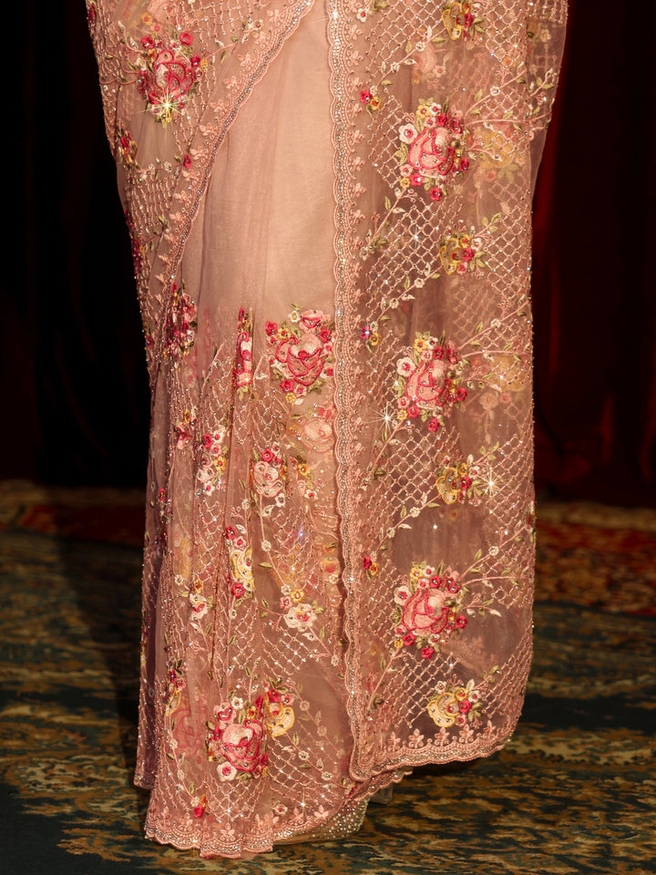 Libas Art Pink Floral Embroidered Net Saree