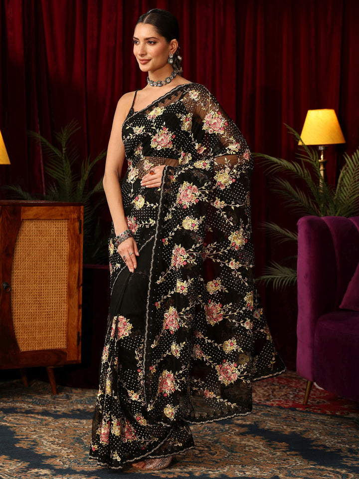 Libas Art Black Floral Embroidered Net Saree