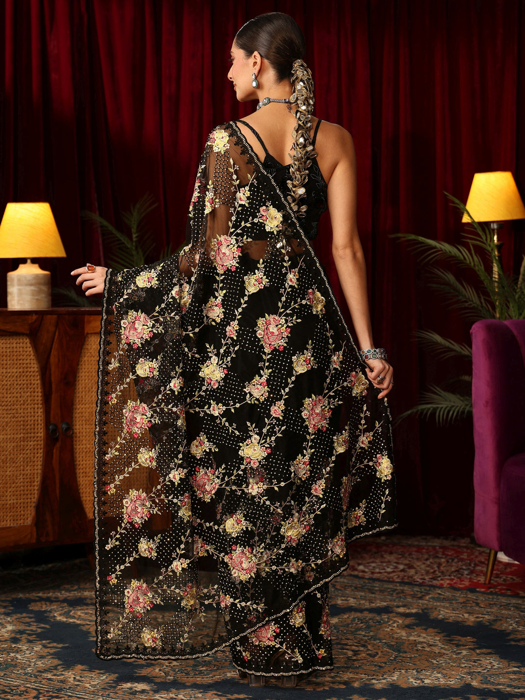 Libas Art Black Floral Embroidered Net Saree