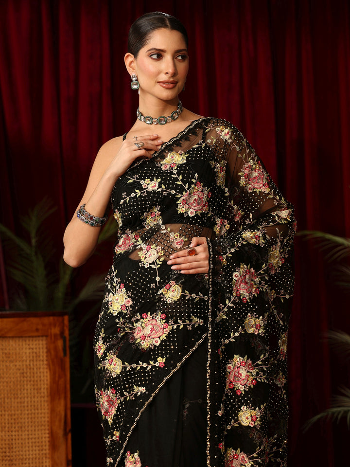 Libas Art Black Floral Embroidered Net Saree