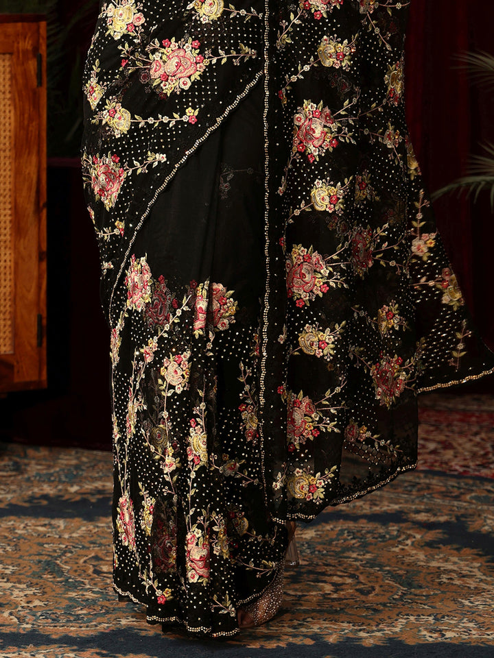 Libas Art Black Floral Embroidered Net Saree