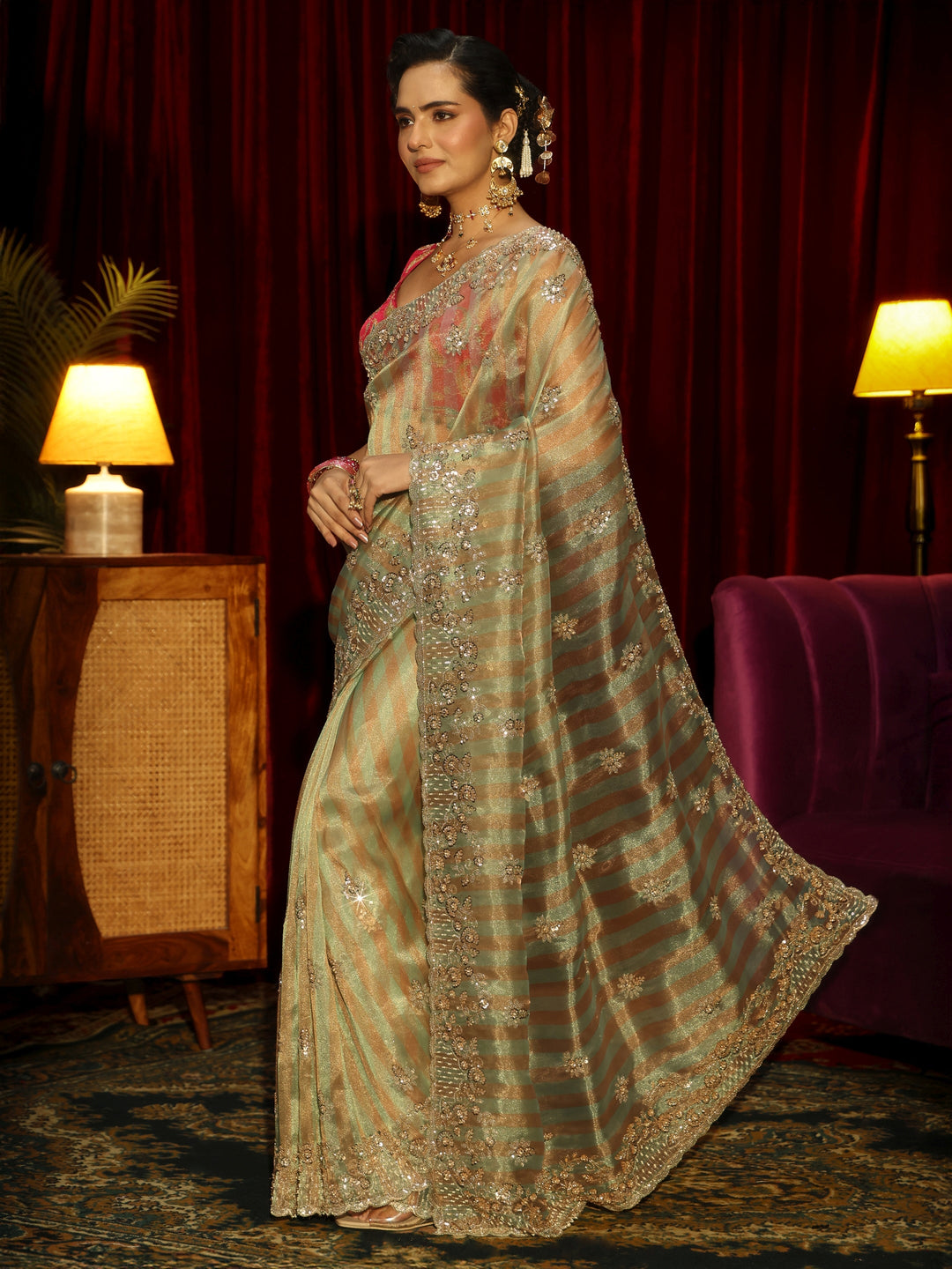 Libas Art Green Striped Sequin Embellished Tisue Saree