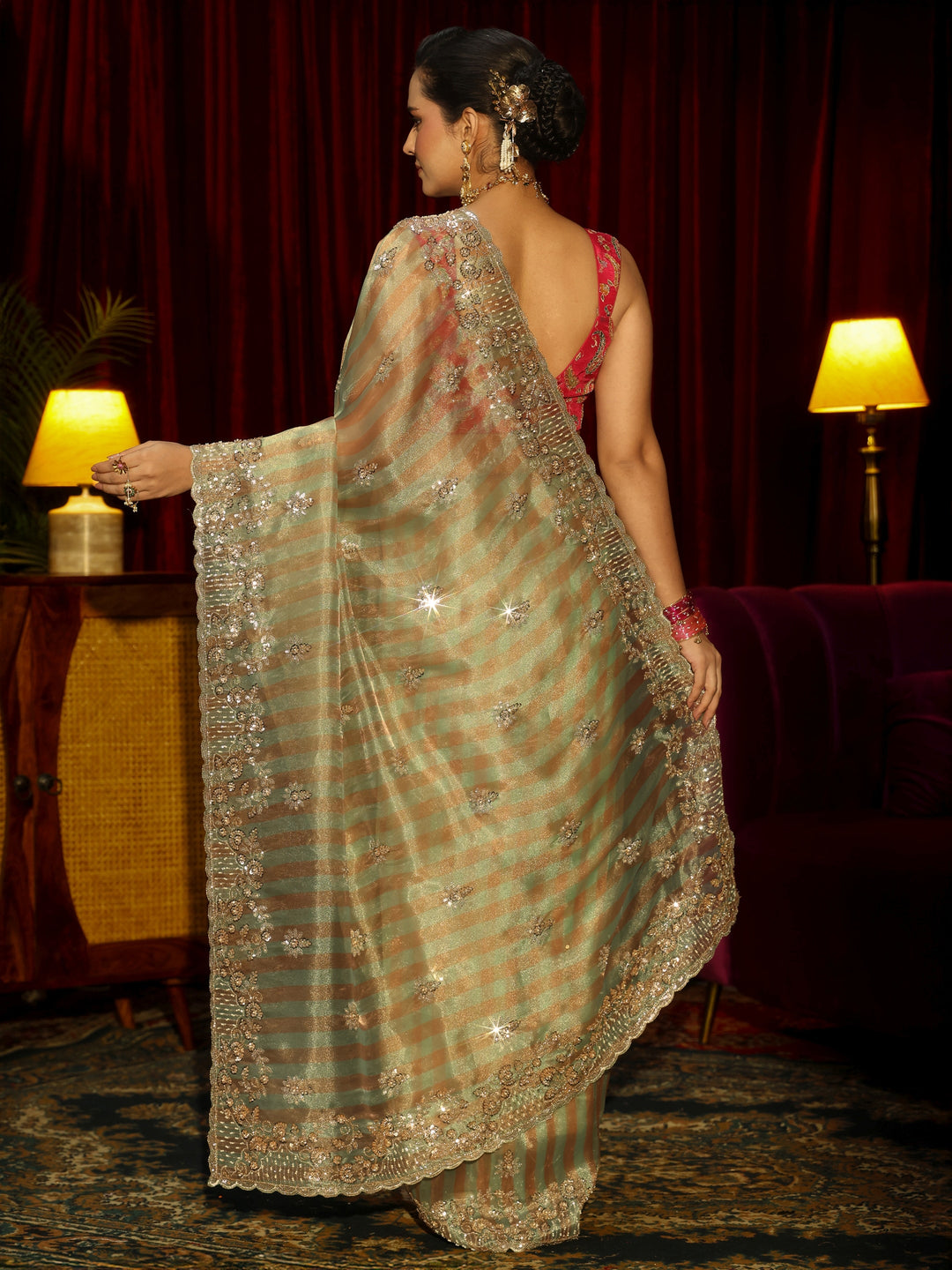 Libas Art Green Striped Sequin Embellished Tisue Saree