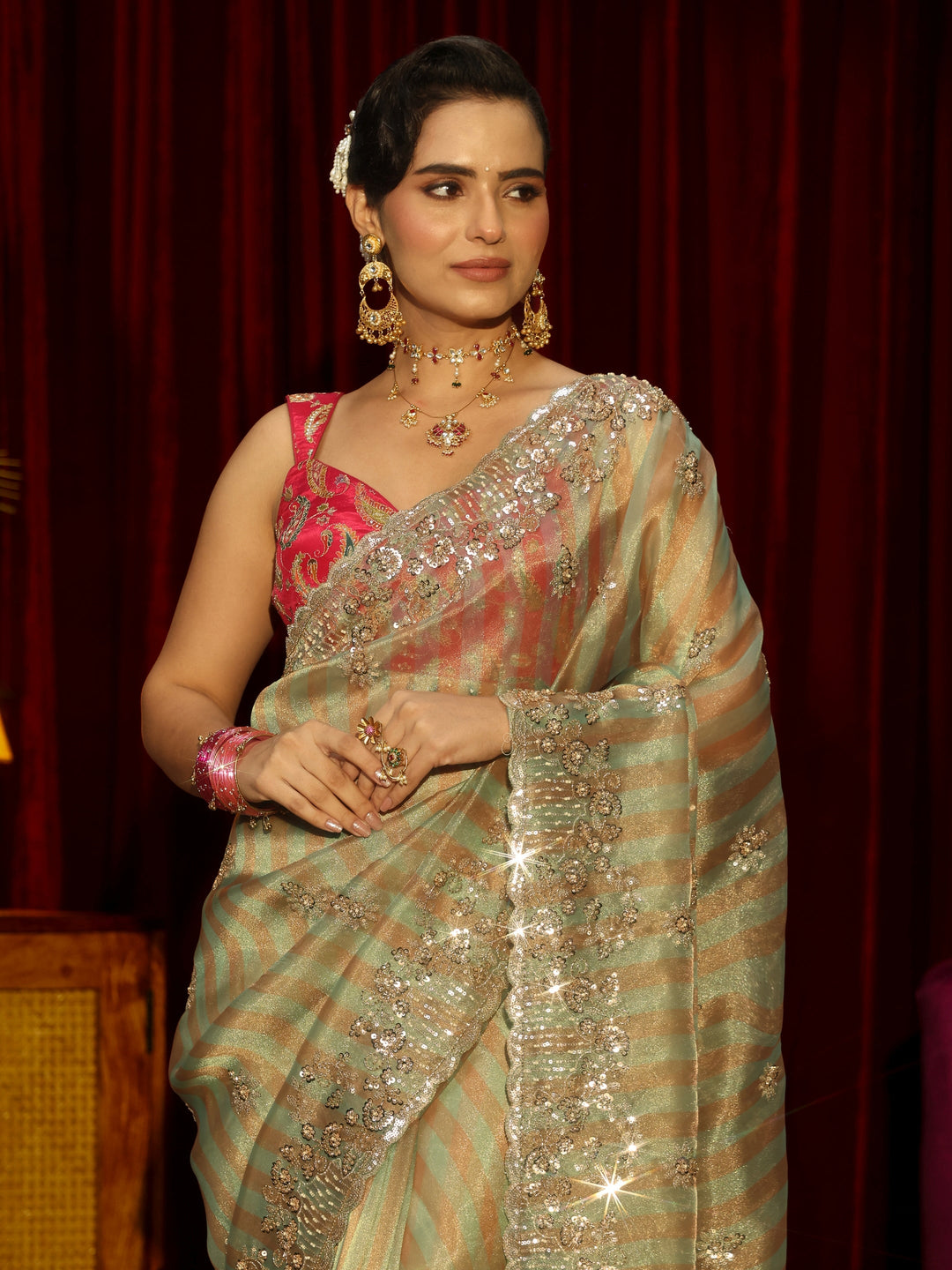 Libas Art Green Striped Sequin Embellished Tisue Saree