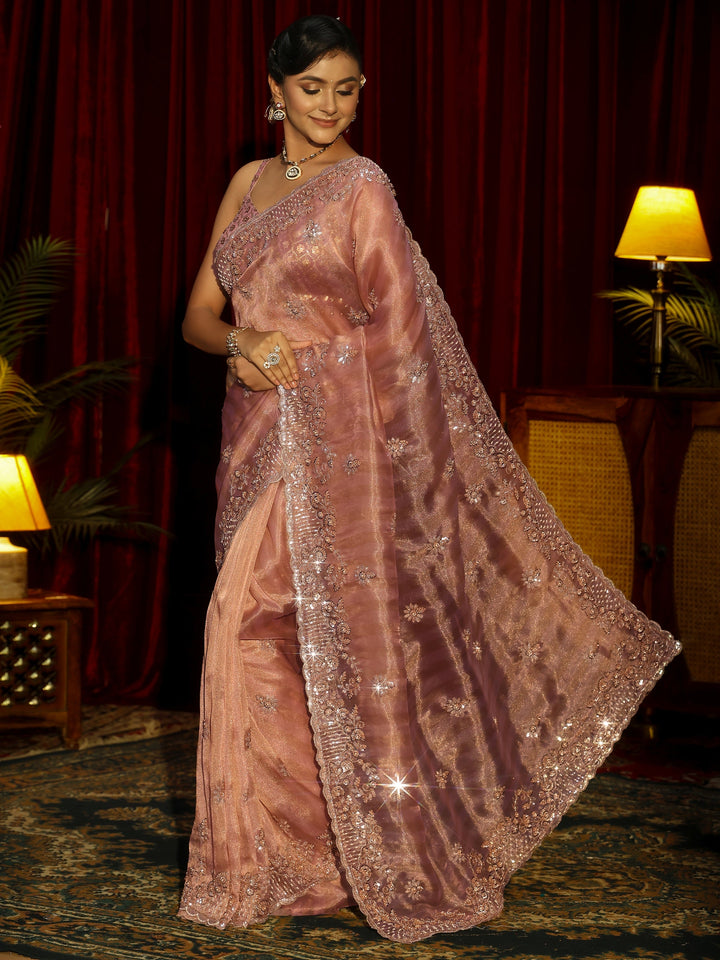 Libas Art Peach Pink Embellished Tissue Saree