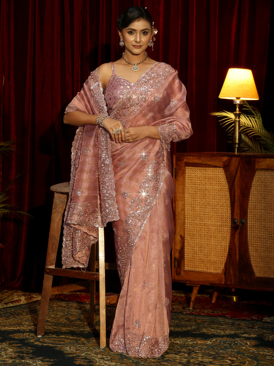 Libas Art Peach Pink Embellished Tissue Saree