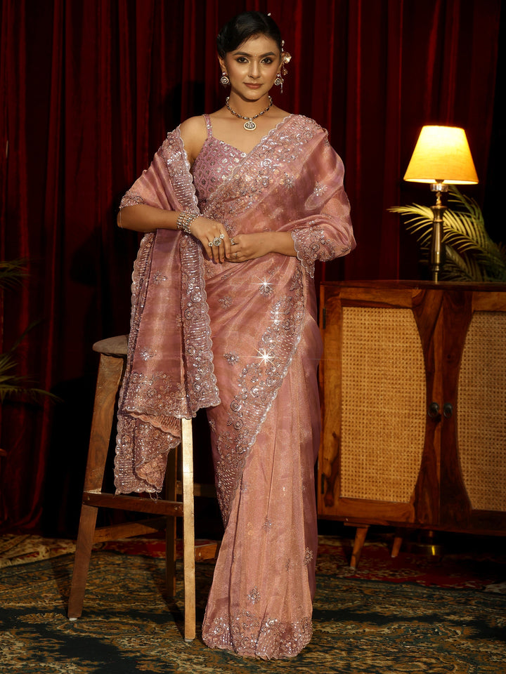 Libas Art Peach Pink Embellished Tissue Saree