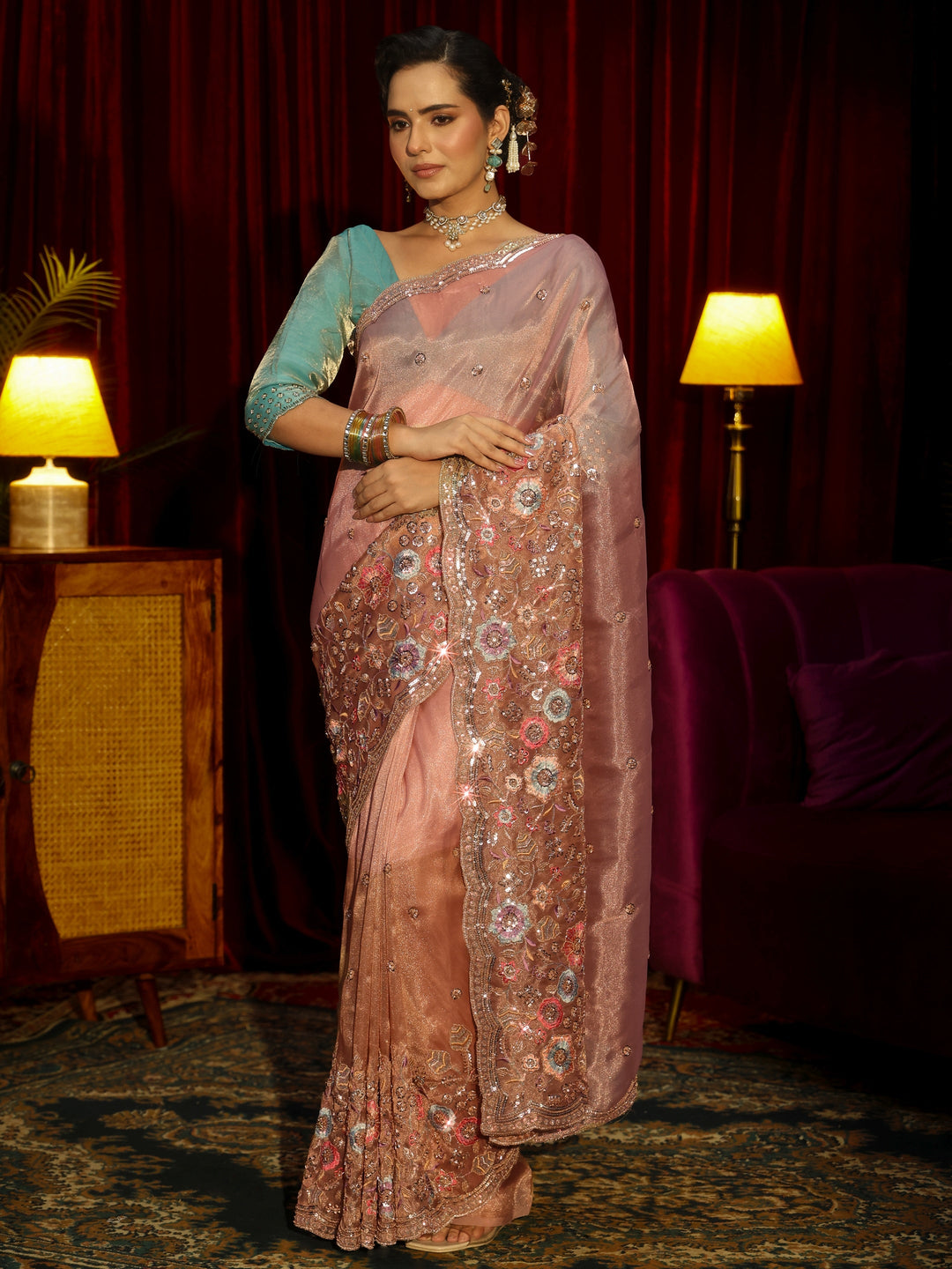 Libas Art Peach Pink Floral Embellished Tissue Saree
