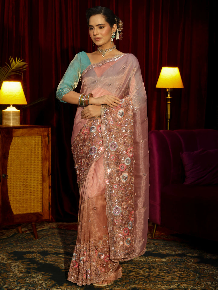 Libas Art Peach Pink Floral Embellished Tissue Saree