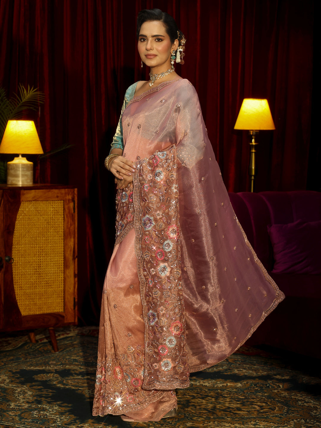 Libas Art Peach Pink Floral Embellished Tissue Saree