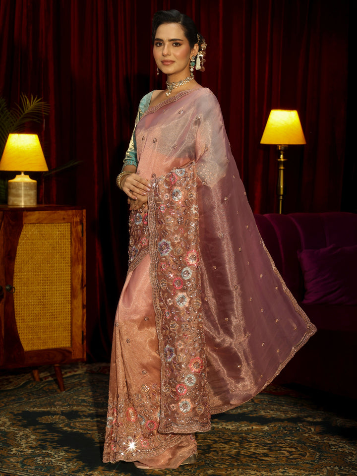 Libas Art Peach Pink Floral Embellished Tissue Saree