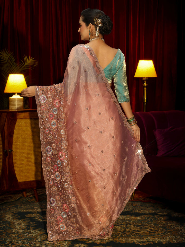 Libas Art Peach Pink Floral Embellished Tissue Saree