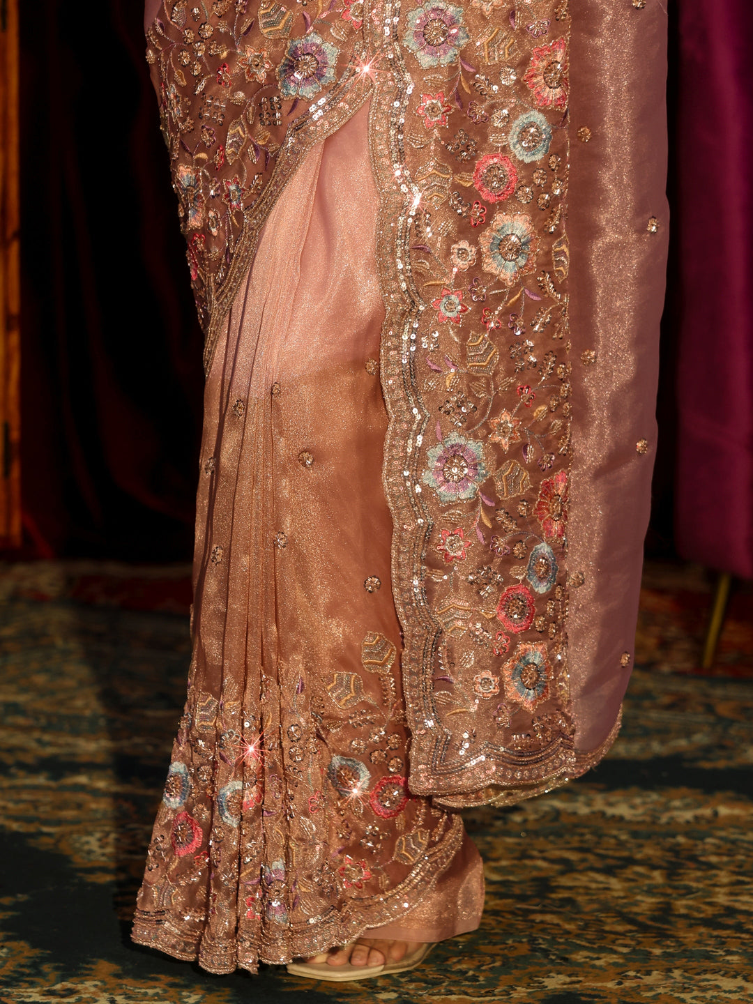 Libas Art Peach Pink Floral Embellished Tissue Saree