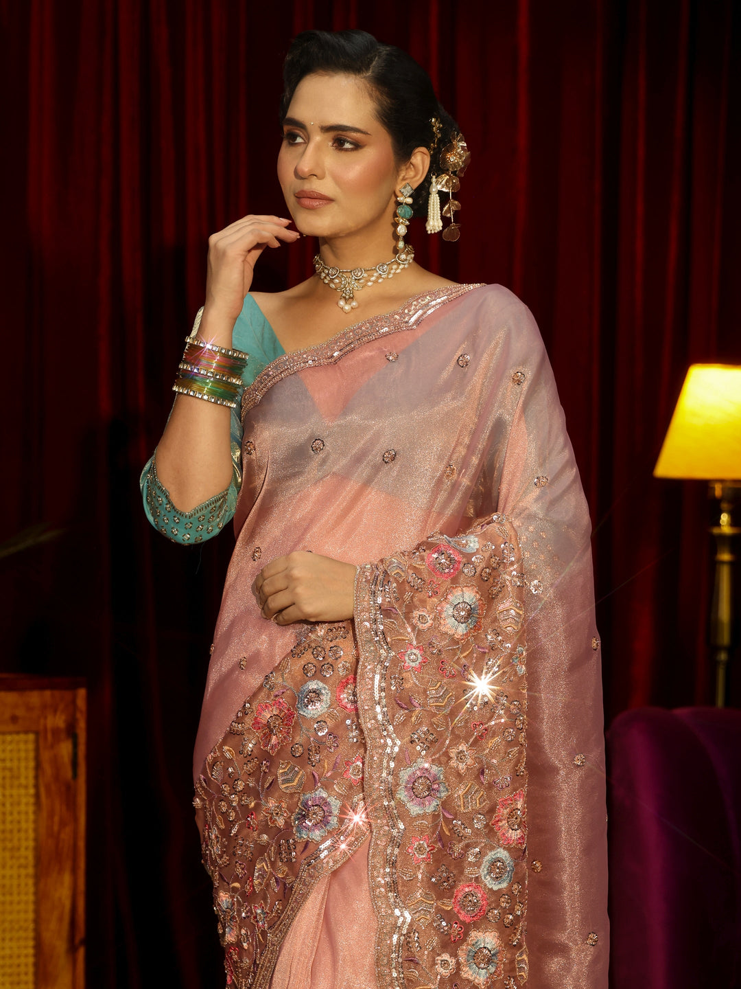 Libas Art Peach Pink Floral Embellished Tissue Saree