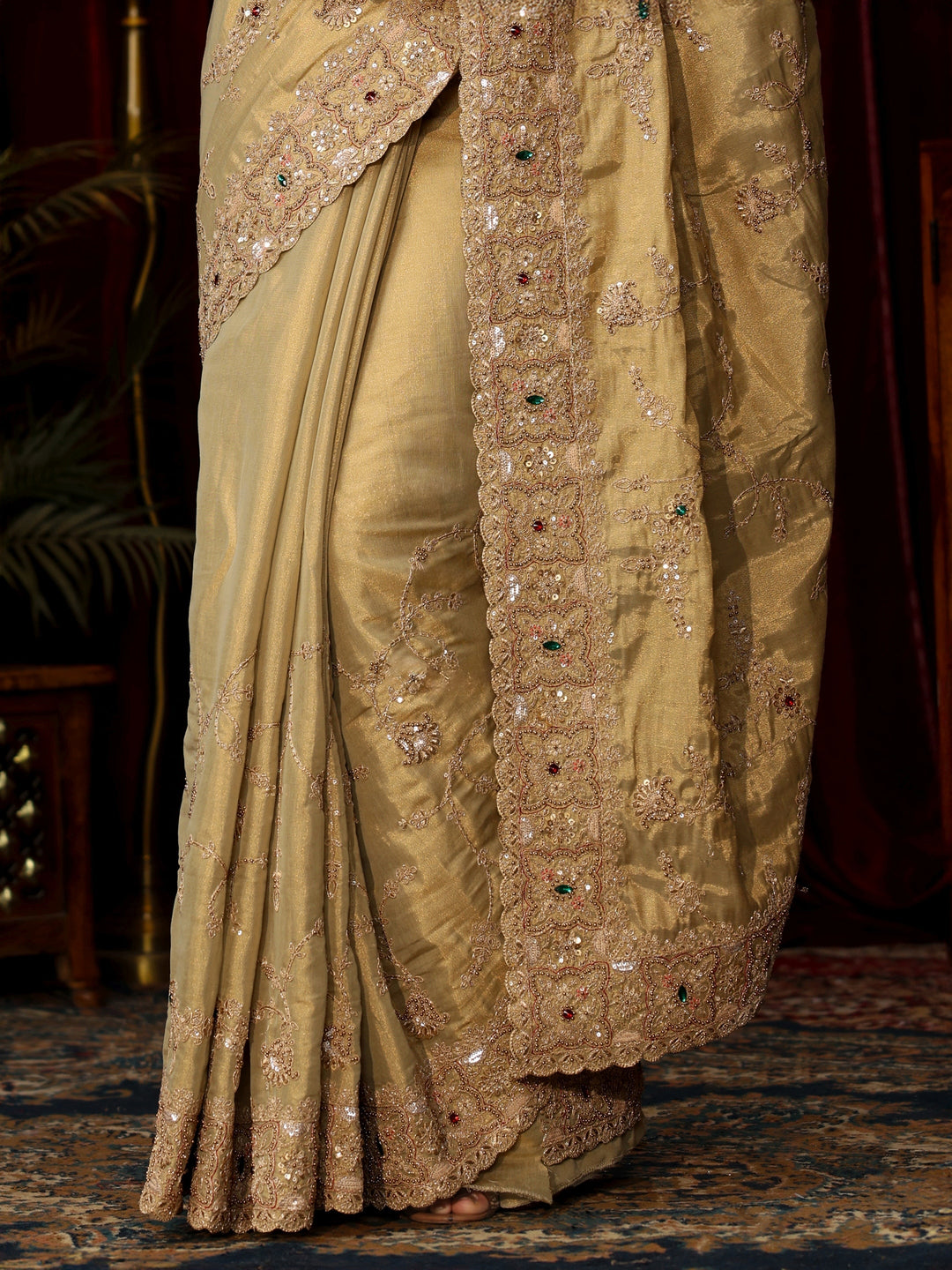 Libas Art Pista Green Sequin Zari Embroidered Silk Blend Saree