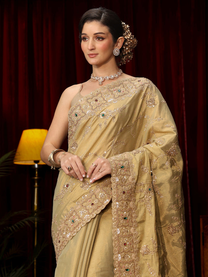 Libas Art Pista Green Sequin Zari Embroidered Silk Blend Saree
