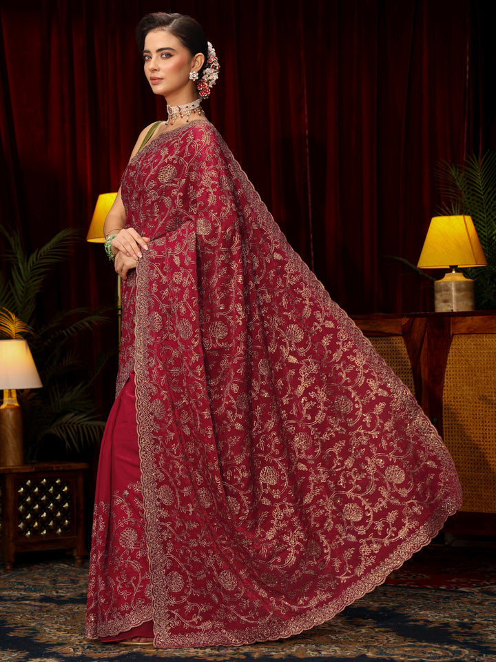 Libas Art Rani Pink Floral Zari Embroidered Tissue Saree