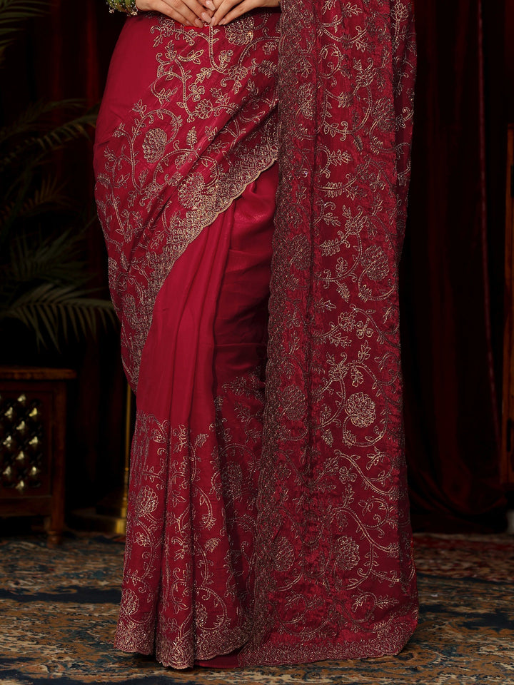 Libas Art Rani Pink Floral Zari Embroidered Tissue Saree