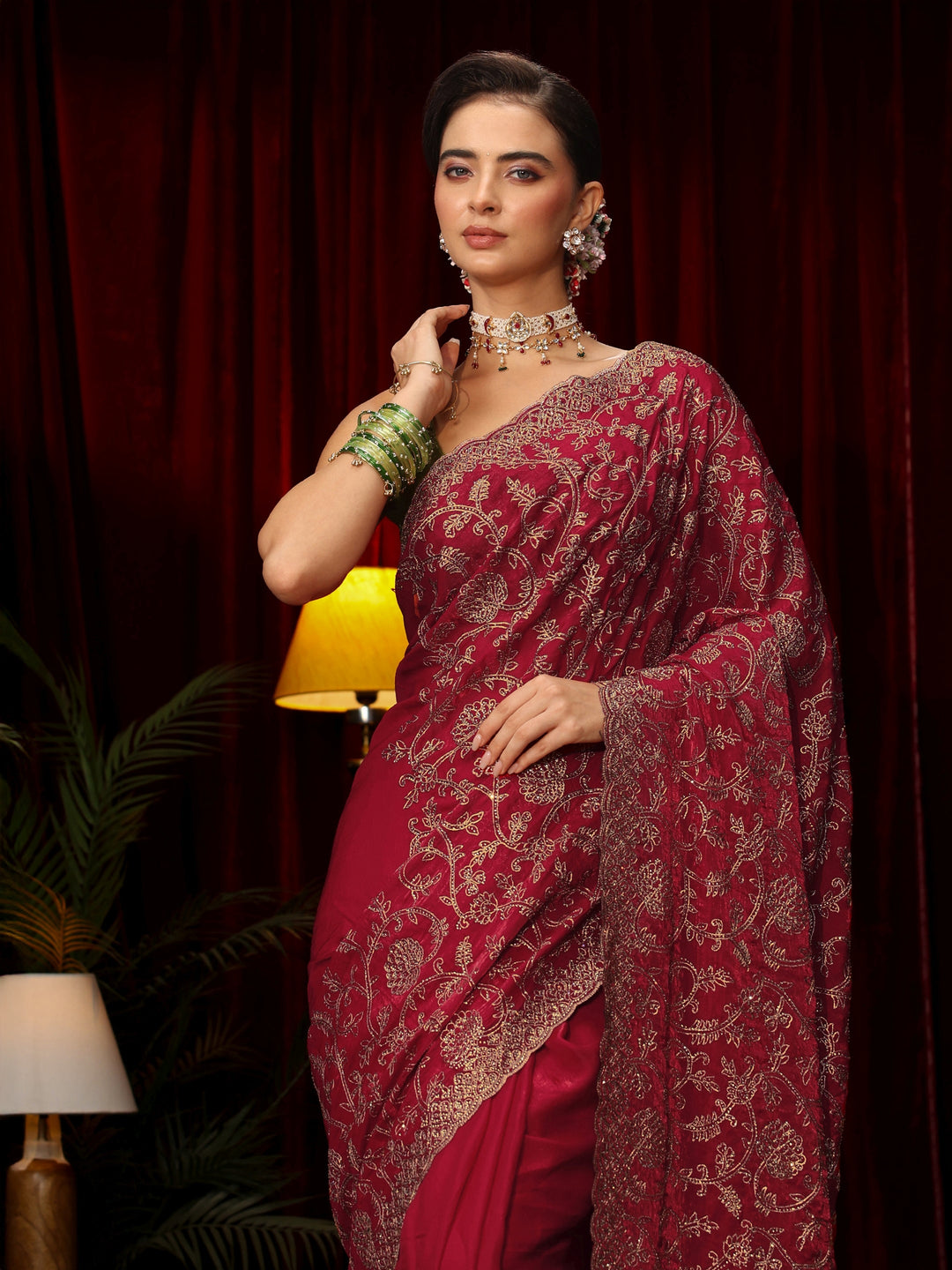 Libas Art Rani Pink Floral Zari Embroidered Tissue Saree