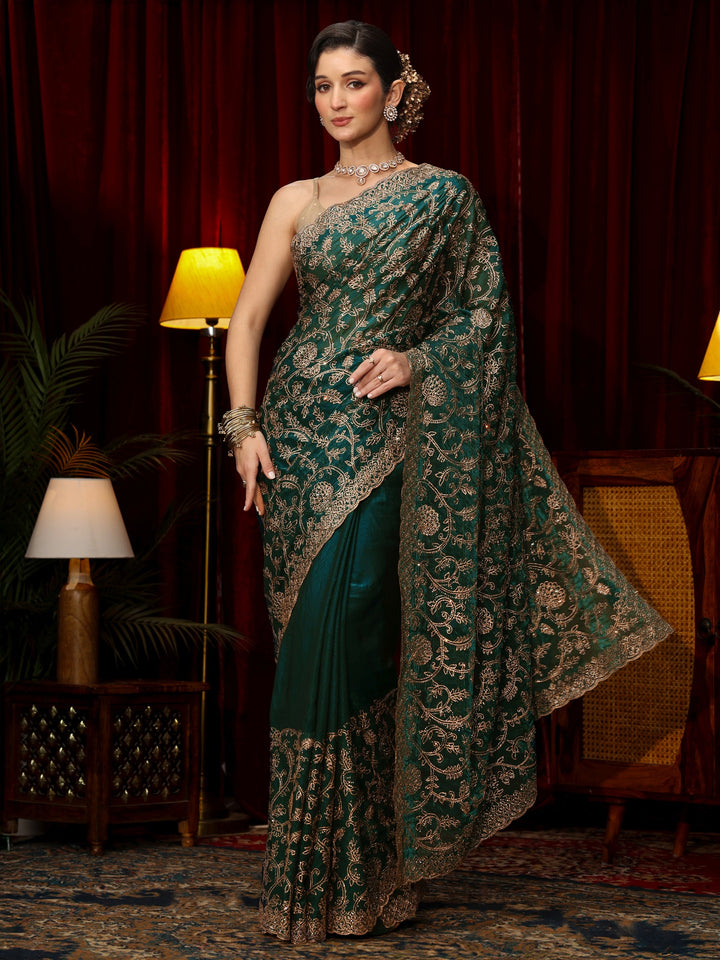 Libas Art Libs Art Sacramento Green Floral Zari Embroidered Tissue Saree