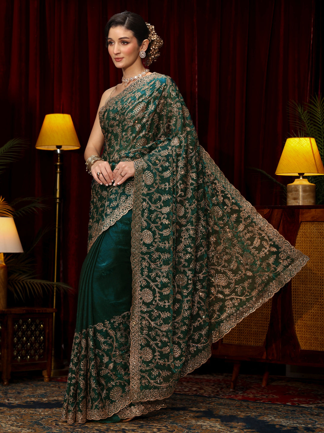 Libas Art Libs Art Sacramento Green Floral Zari Embroidered Tissue Saree