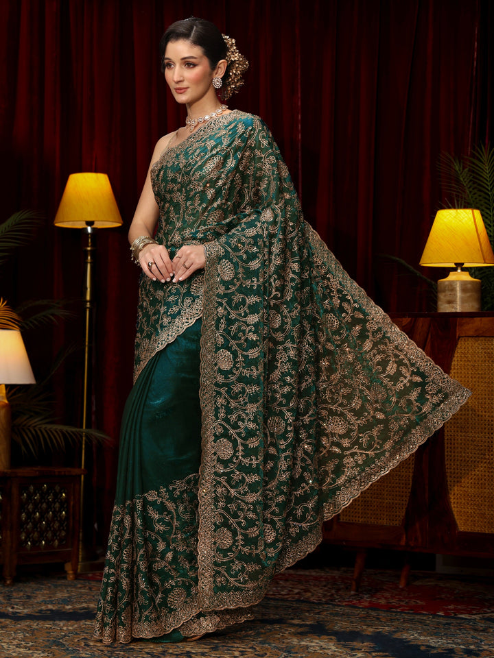 Libas Art Libs Art Sacramento Green Floral Zari Embroidered Tissue Saree