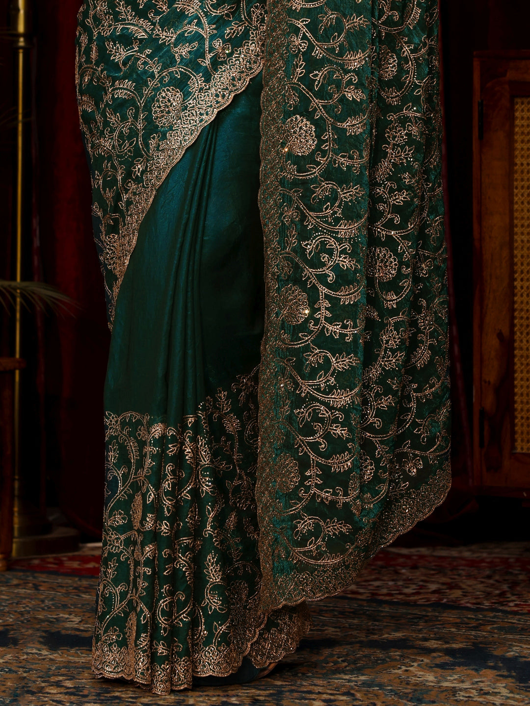 Libas Art Libs Art Sacramento Green Floral Zari Embroidered Tissue Saree