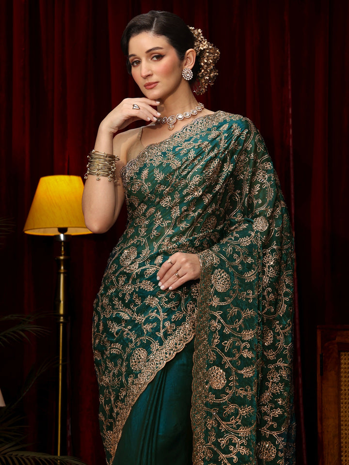 Libas Art Libs Art Sacramento Green Floral Zari Embroidered Tissue Saree