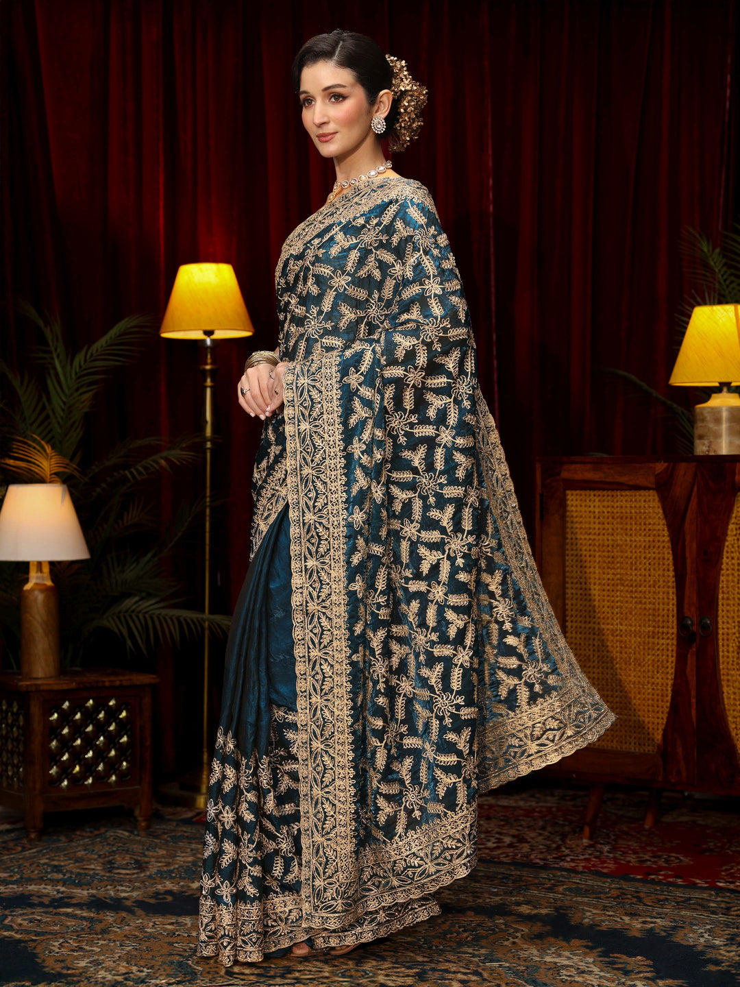 Libas Art Teal Blue Leafy Zari Embroidered Tissue Saree