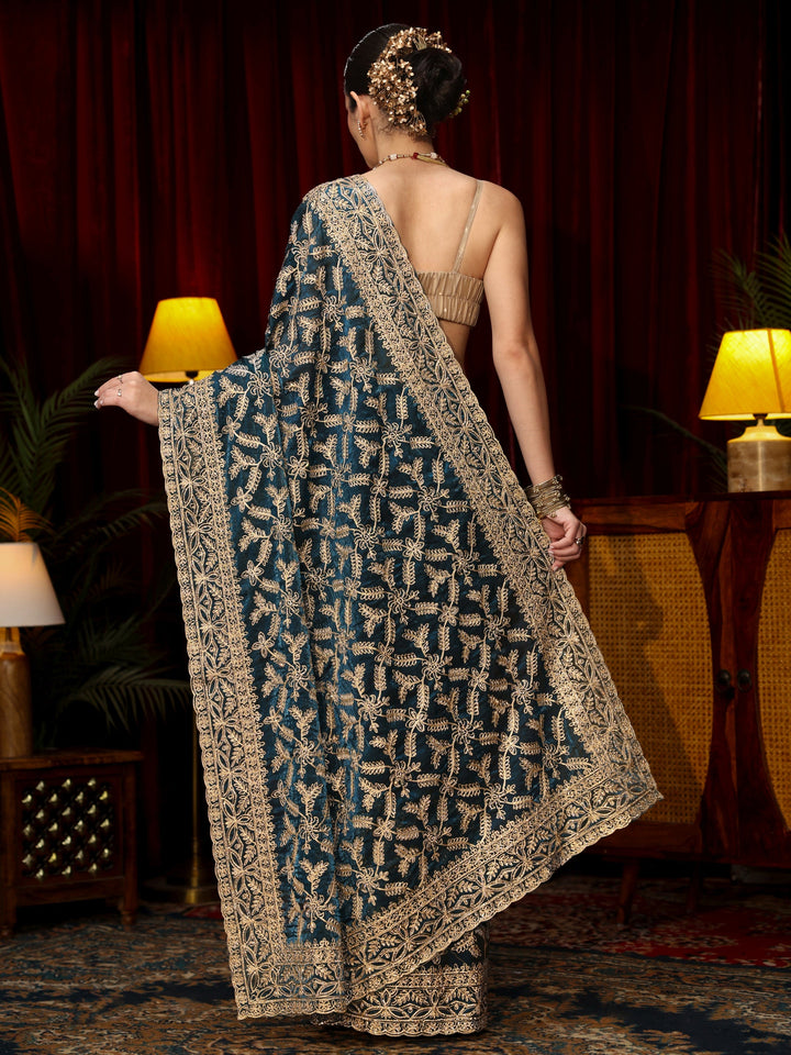 Libas Art Teal Blue Leafy Zari Embroidered Tissue Saree