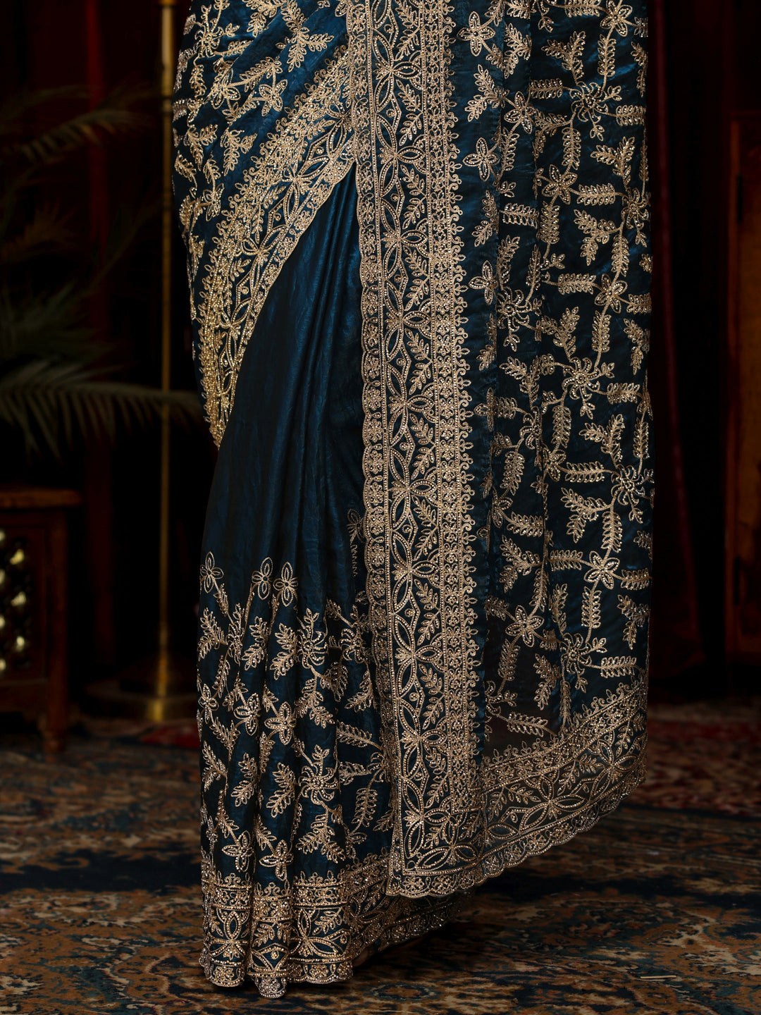 Libas Art Teal Blue Leafy Zari Embroidered Tissue Saree